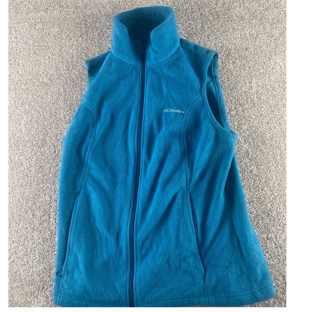 Columbia Womens Medium Blue Fleece Full Zip Vest Mock Neck Pockets Preppy Read